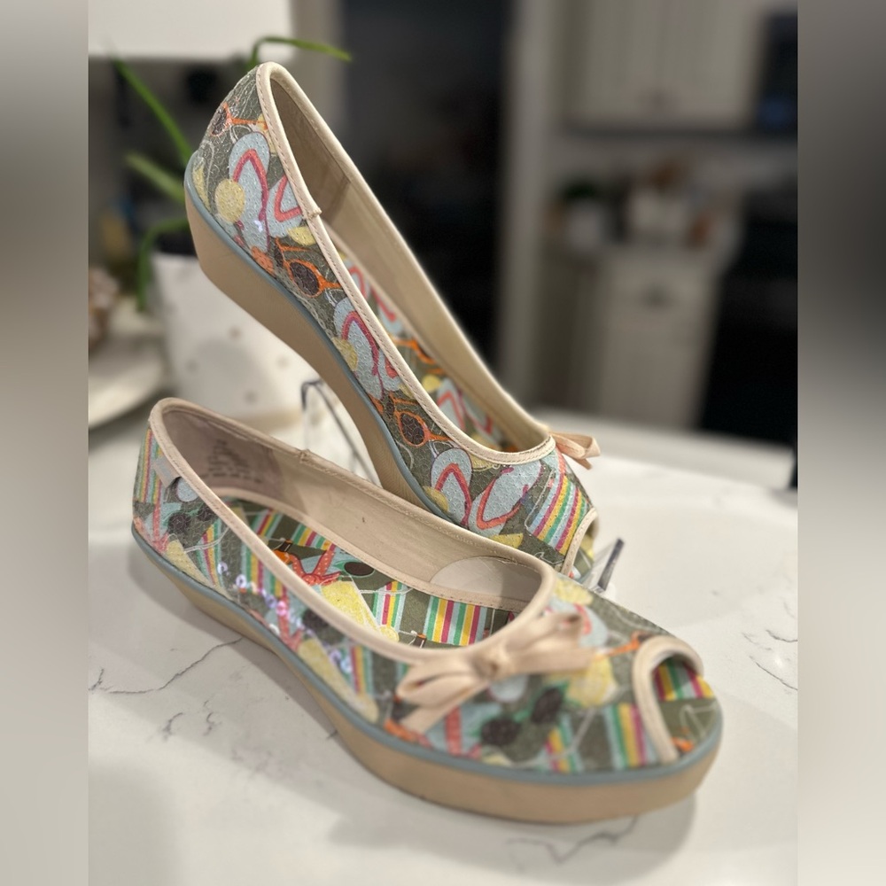Keds Sneakers Sequins Peep Toe Bow Slip On Canvas wedge Shoes Size 7